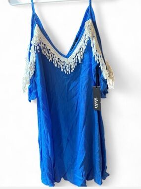 Lulus Orchard Ridge Blue Cold Shoulder Lace Fringe Dress XL Boho